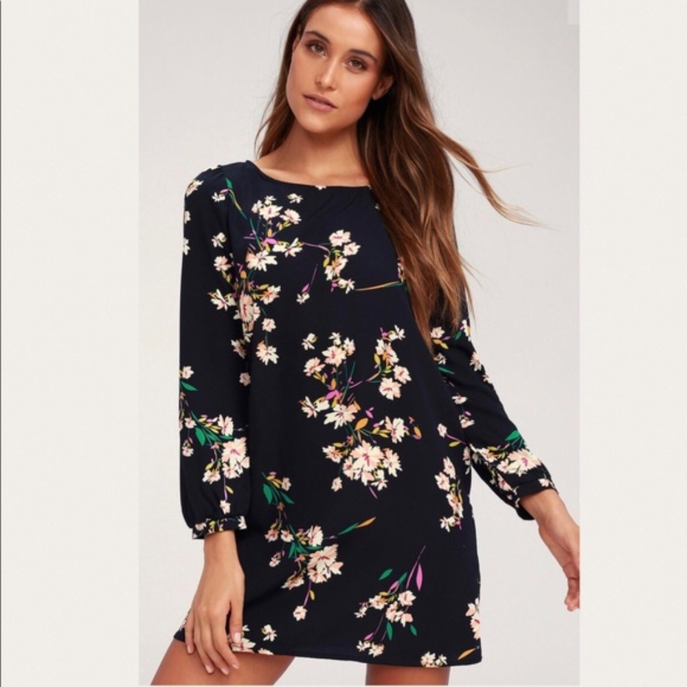 Navy Floral Print Long Sleeve Shift Dress